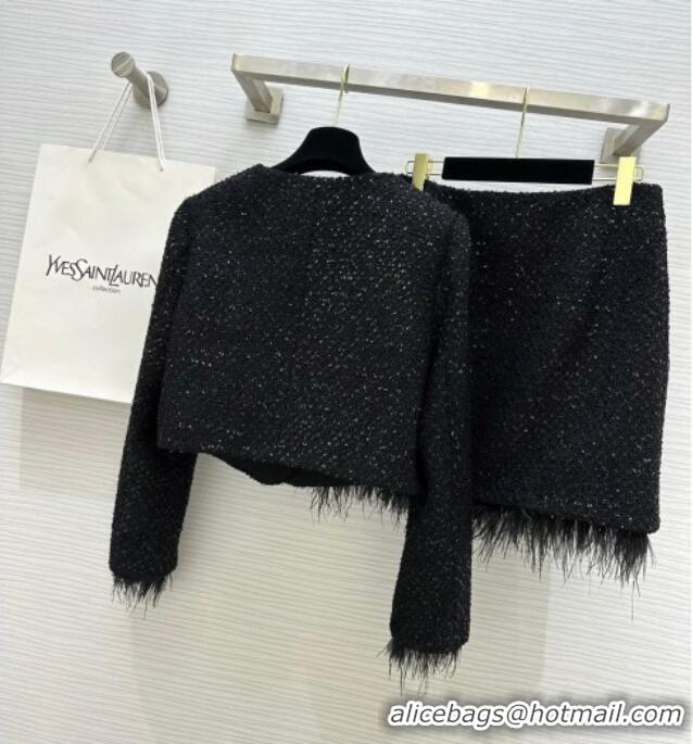 Big Discount Saint Laurent Tweed Jacket & Skirt with Ostrich Feather S92517 Black 2025