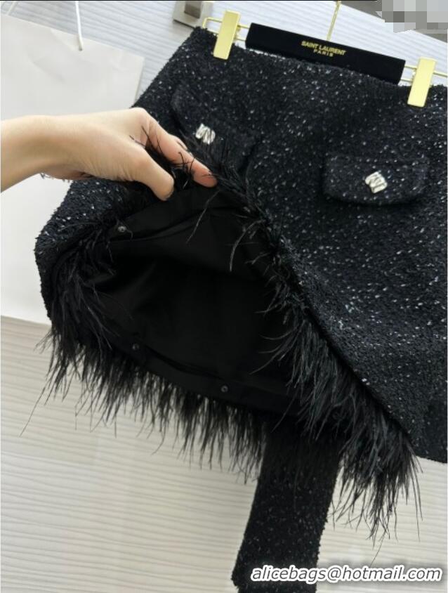 Big Discount Saint Laurent Tweed Jacket & Skirt with Ostrich Feather S92517 Black 2025