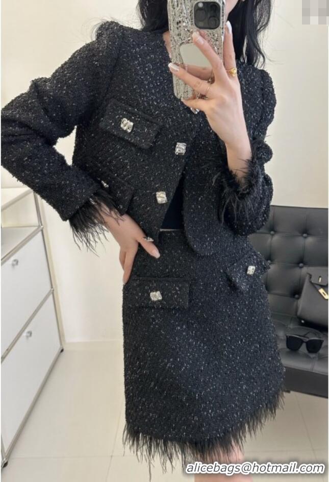 Big Discount Saint Laurent Tweed Jacket & Skirt with Ostrich Feather S92517 Black 2025