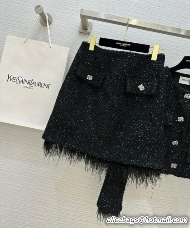 Big Discount Saint Laurent Tweed Jacket & Skirt with Ostrich Feather S92517 Black 2025