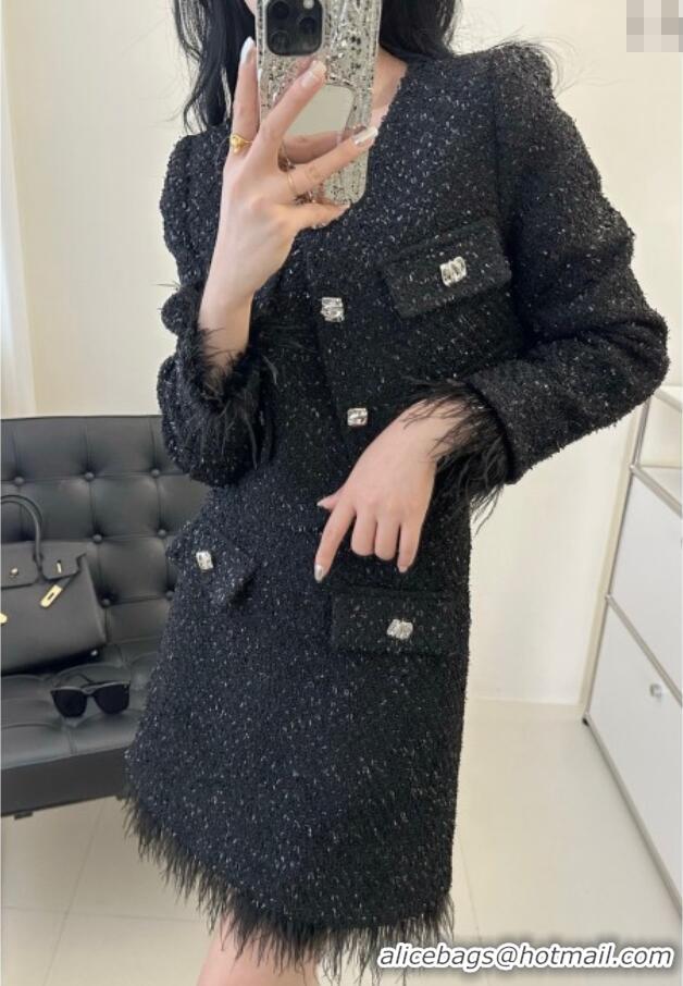 Big Discount Saint Laurent Tweed Jacket & Skirt with Ostrich Feather S92517 Black 2025