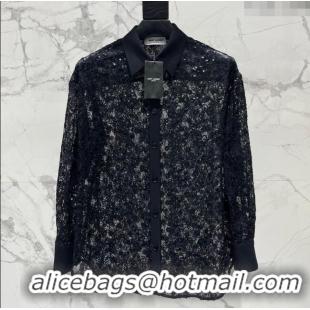 Promotional Saint Laurent Crochet Lace Shirt with Sequins 1015 Black 2025