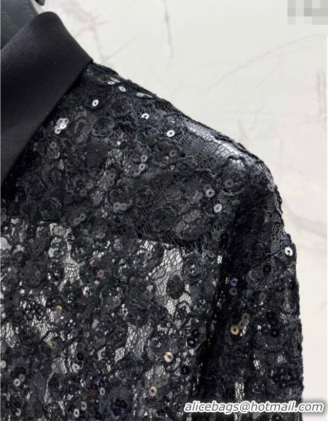 Promotional Saint Laurent Crochet Lace Shirt with Sequins 1015 Black 2025