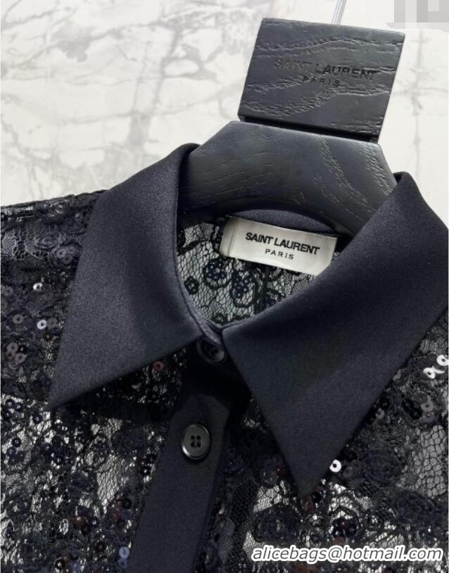 Promotional Saint Laurent Crochet Lace Shirt with Sequins 1015 Black 2025