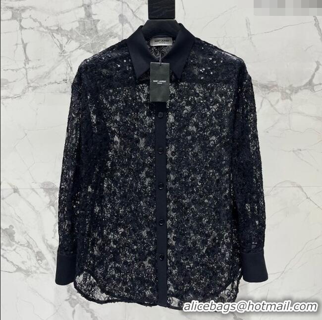 Promotional Saint Laurent Crochet Lace Shirt with Sequins 1015 Black 2025