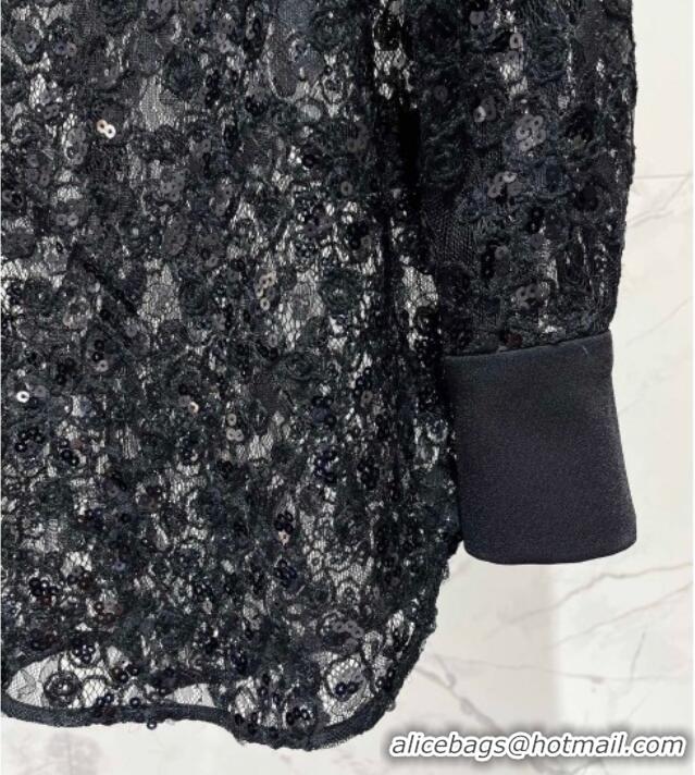 Promotional Saint Laurent Crochet Lace Shirt with Sequins 1015 Black 2025