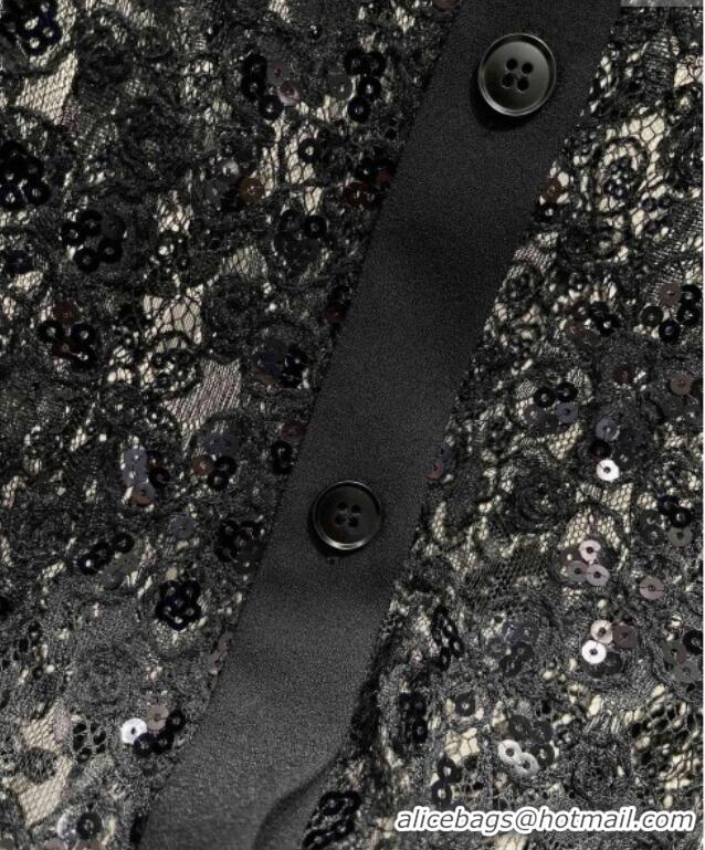 Promotional Saint Laurent Crochet Lace Shirt with Sequins 1015 Black 2025