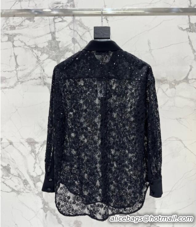 Promotional Saint Laurent Crochet Lace Shirt with Sequins 1015 Black 2025