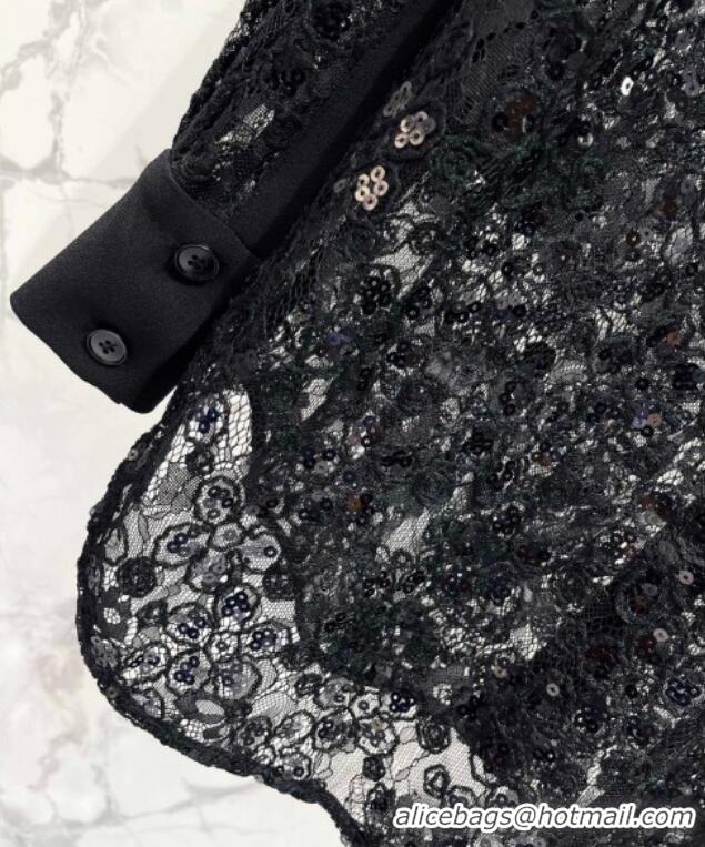 Promotional Saint Laurent Crochet Lace Shirt with Sequins 1015 Black 2025