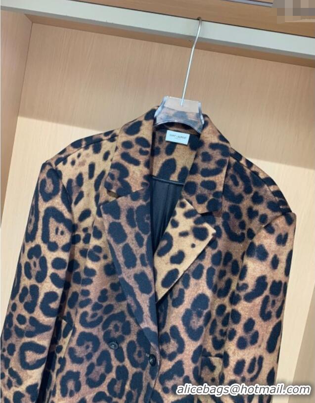 Top Quality Saint Laurent Leopard Print Cashmere Wool Coat YSL110601 Brown 2025