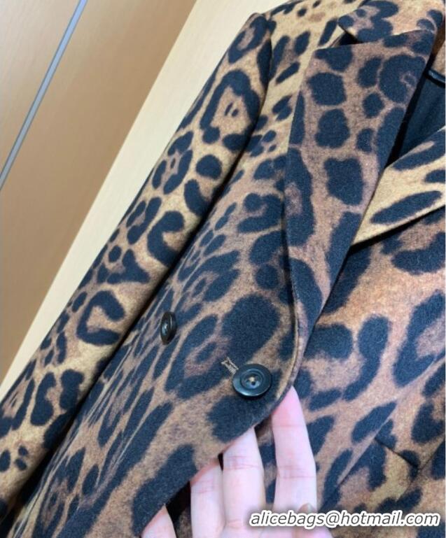 Top Quality Saint Laurent Leopard Print Cashmere Wool Coat YSL110601 Brown 2025