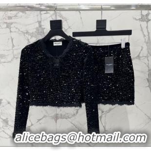 Luxury Discount Saint Laurent Sequins Top and Skirt YSL111501 Black 2025