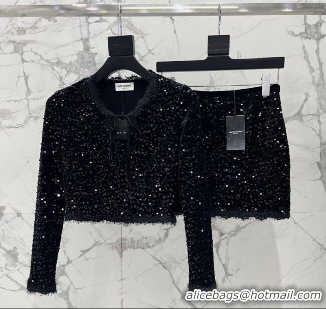Luxury Discount Saint Laurent Sequins Top and Skirt YSL111501 Black 2025