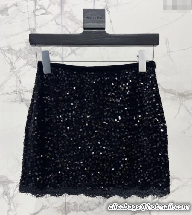 Luxury Discount Saint Laurent Sequins Top and Skirt YSL111501 Black 2025