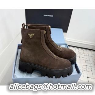 Stylish Prada Suede Platform Booties 6cm with Zip Dark Brown 2025 1T328O 1027062