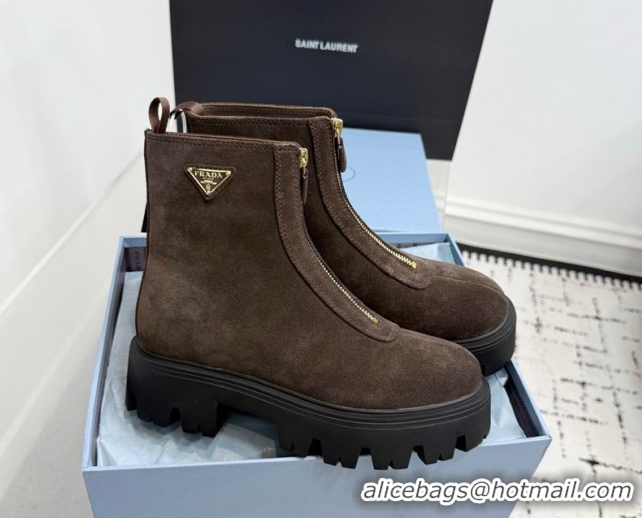 Stylish Prada Suede Platform Booties 6cm with Zip Dark Brown 2025 1T328O 1027062