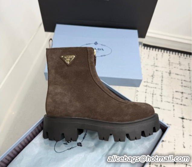 Stylish Prada Suede Platform Booties 6cm with Zip Dark Brown 2025 1T328O 1027062