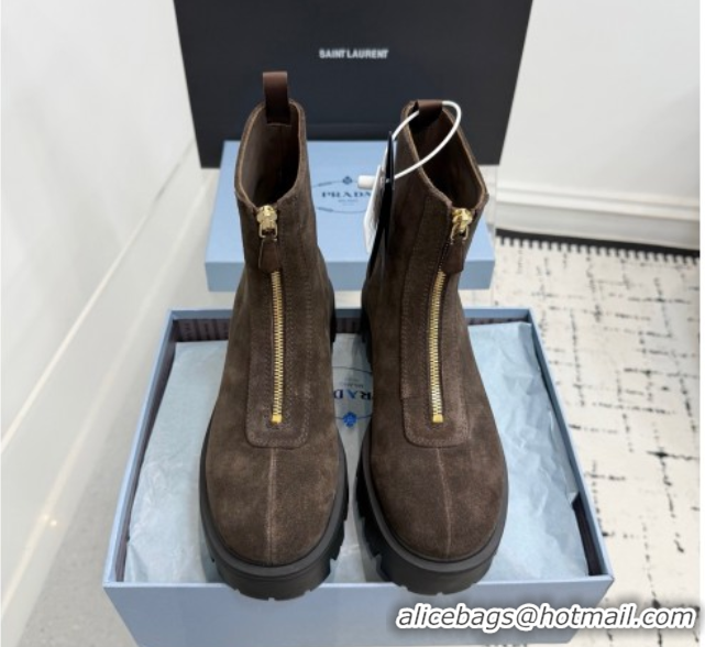Stylish Prada Suede Platform Booties 6cm with Zip Dark Brown 2025 1T328O 1027062