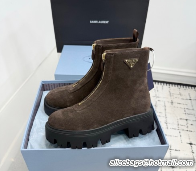 Stylish Prada Suede Platform Booties 6cm with Zip Dark Brown 2025 1T328O 1027062