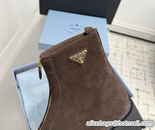 Stylish Prada Suede Platform Booties 6cm with Zip Dark Brown 2025 1T328O 1027062