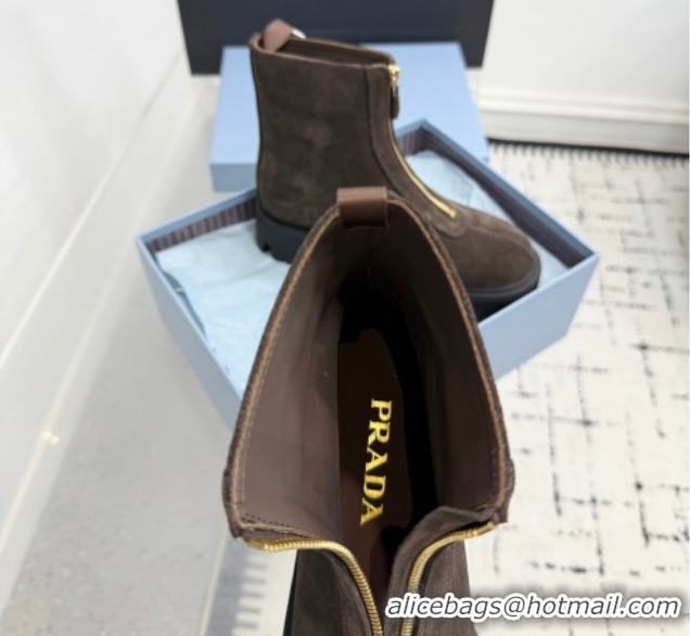 Stylish Prada Suede Platform Booties 6cm with Zip Dark Brown 2025 1T328O 1027062