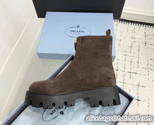 Stylish Prada Suede Platform Booties 6cm with Zip Dark Brown 2025 1T328O 1027062