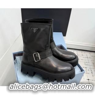 Sophisticated Prada Leather Platform Booties 5cm with Buckle Black 2025 1U187O 1027063