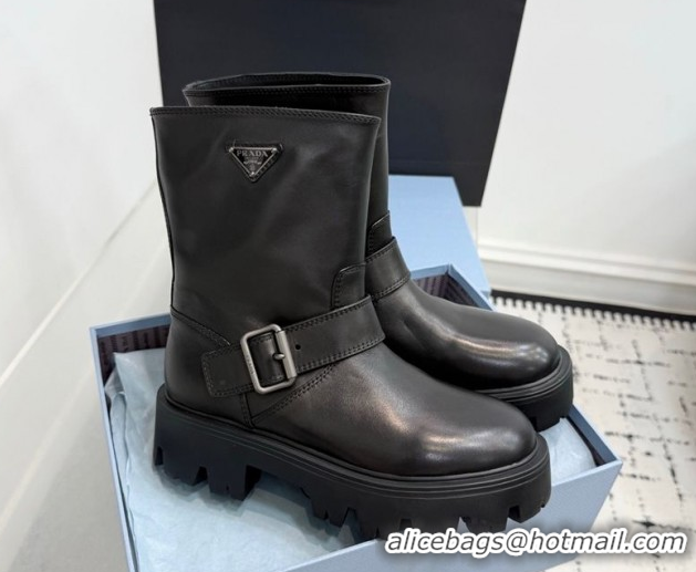 Sophisticated Prada Leather Platform Booties 5cm with Buckle Black 2025 1U187O 1027063