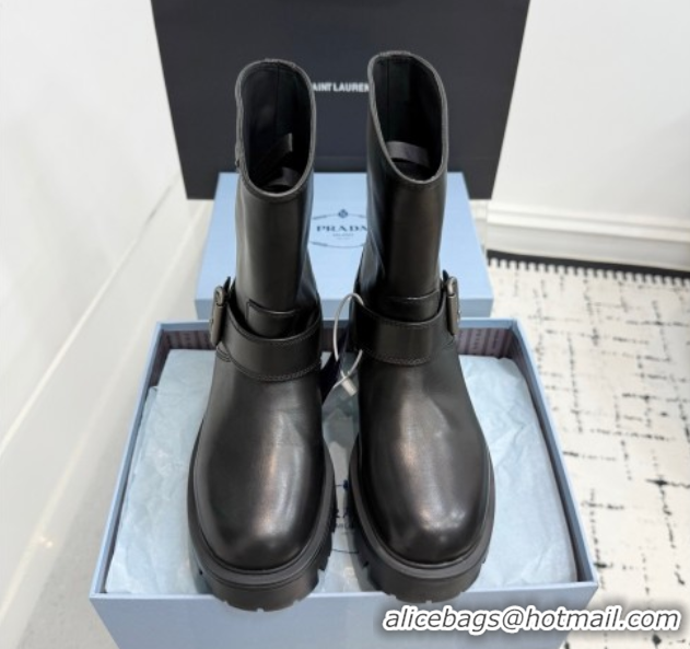 Sophisticated Prada Leather Platform Booties 5cm with Buckle Black 2025 1U187O 1027063