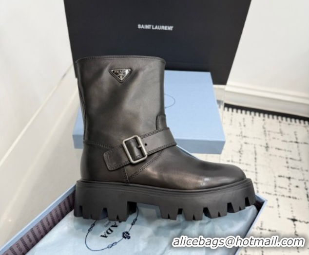 Sophisticated Prada Leather Platform Booties 5cm with Buckle Black 2025 1U187O 1027063
