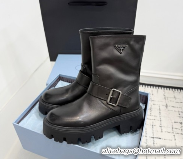 Sophisticated Prada Leather Platform Booties 5cm with Buckle Black 2025 1U187O 1027063