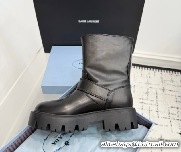 Sophisticated Prada Leather Platform Booties 5cm with Buckle Black 2025 1U187O 1027063