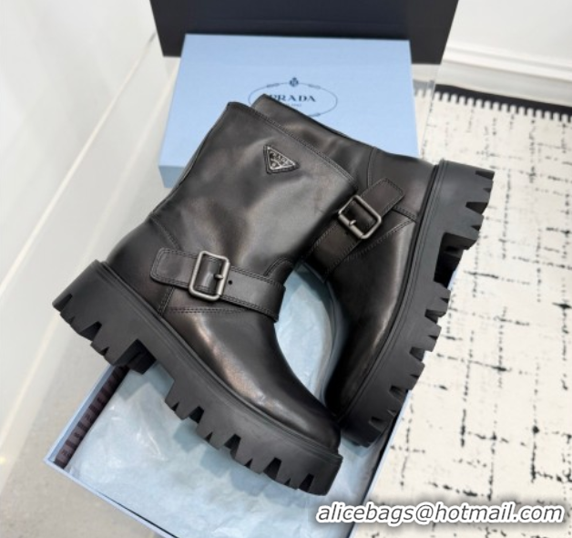 Sophisticated Prada Leather Platform Booties 5cm with Buckle Black 2025 1U187O 1027063