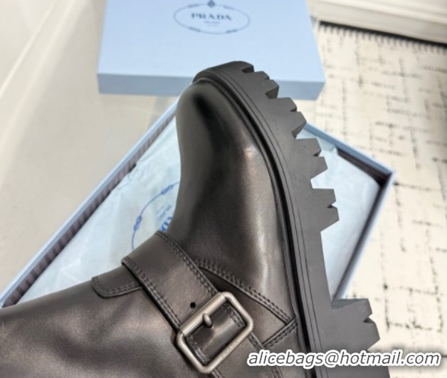 Sophisticated Prada Leather Platform Booties 5cm with Buckle Black 2025 1U187O 1027063