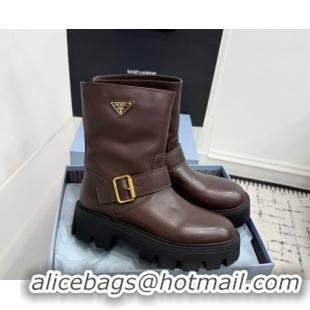 Top Grade Prada Leather Platform Booties 5cm with Buckle Dark Brown 2025 1U187O 1027064
