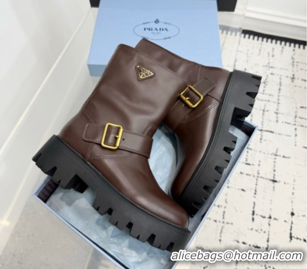 Top Grade Prada Leather Platform Booties 5cm with Buckle Dark Brown 2025 1U187O 1027064