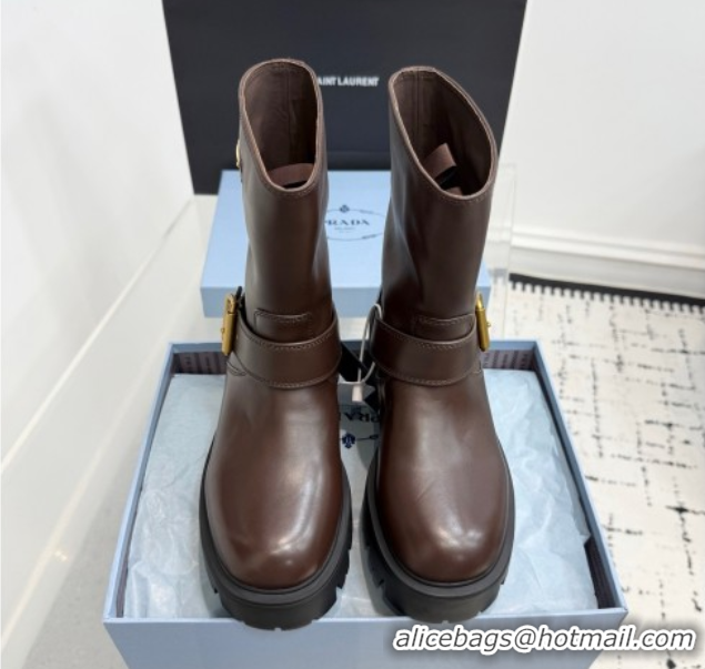 Top Grade Prada Leather Platform Booties 5cm with Buckle Dark Brown 2025 1U187O 1027064