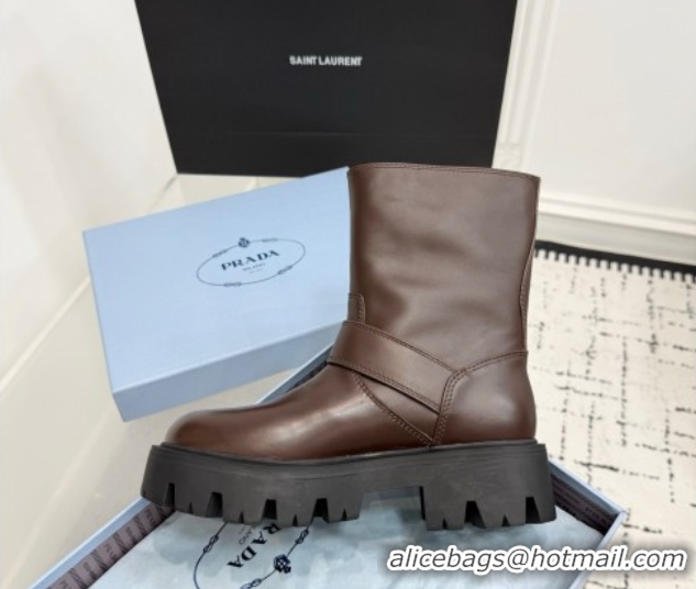 Top Grade Prada Leather Platform Booties 5cm with Buckle Dark Brown 2025 1U187O 1027064