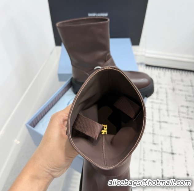 Top Grade Prada Leather Platform Booties 5cm with Buckle Dark Brown 2025 1U187O 1027064