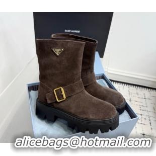 Purchase Prada Suede Platform Booties 5cm with Buckle Brown 2025 1U187O 1027065