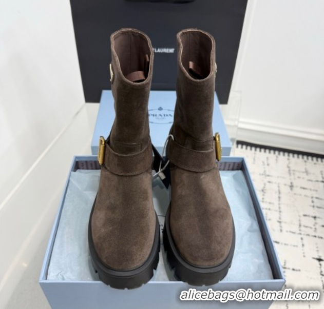 Purchase Prada Suede Platform Booties 5cm with Buckle Brown 2025 1U187O 1027065