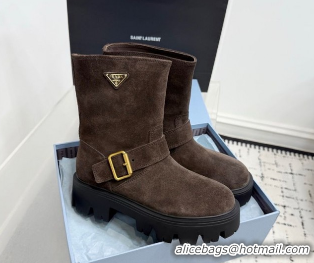 Purchase Prada Suede Platform Booties 5cm with Buckle Brown 2025 1U187O 1027065