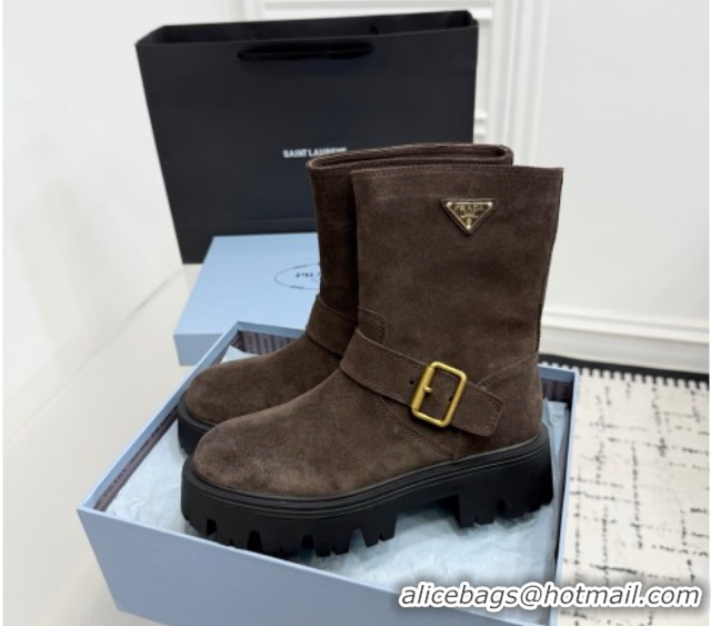 Purchase Prada Suede Platform Booties 5cm with Buckle Brown 2025 1U187O 1027065