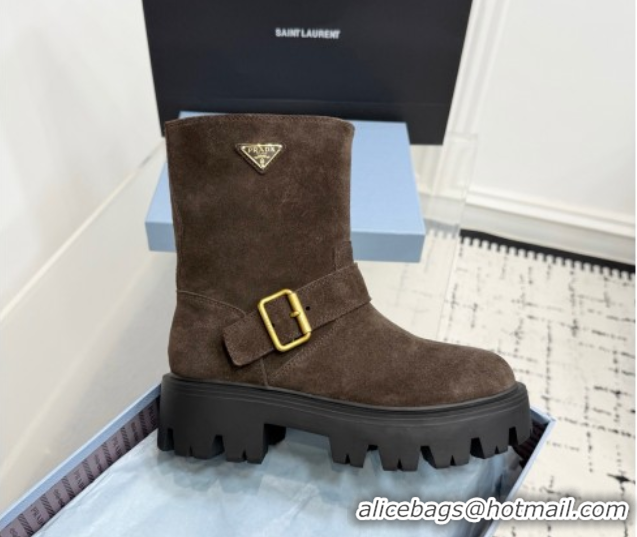 Purchase Prada Suede Platform Booties 5cm with Buckle Brown 2025 1U187O 1027065