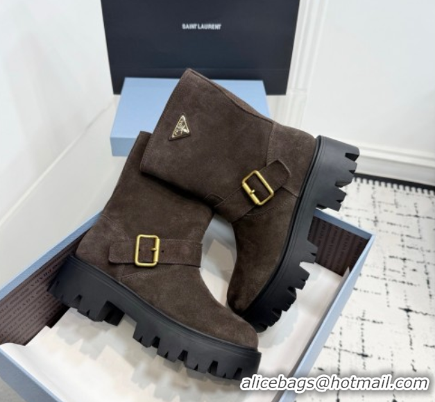 Purchase Prada Suede Platform Booties 5cm with Buckle Brown 2025 1U187O 1027065