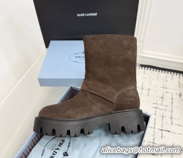 Purchase Prada Suede Platform Booties 5cm with Buckle Brown 2025 1U187O 1027065
