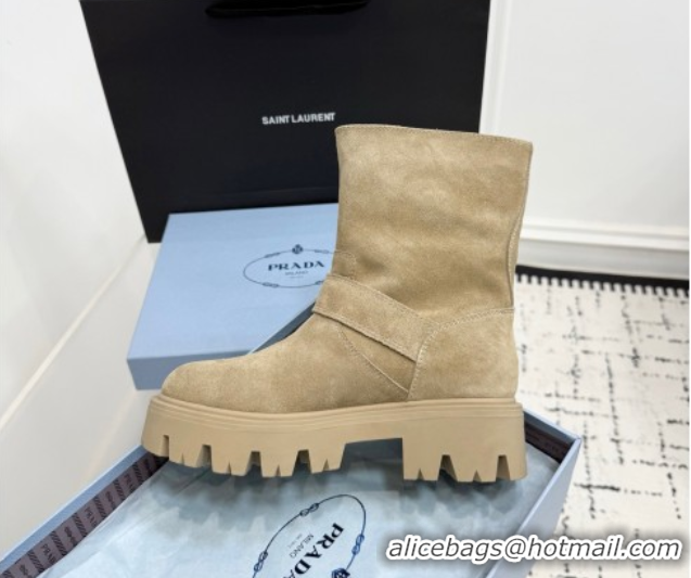 Good Quality Prada Leather Platform Booties 5cm with Buckle Beige 2025 1U187O 1027066