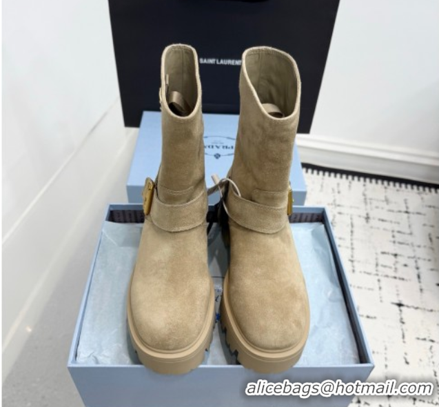 Good Quality Prada Leather Platform Booties 5cm with Buckle Beige 2025 1U187O 1027066