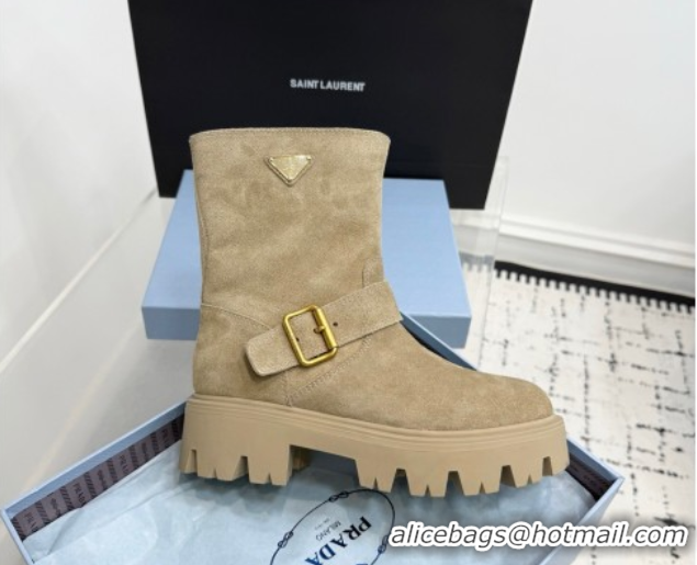 Good Quality Prada Leather Platform Booties 5cm with Buckle Beige 2025 1U187O 1027066