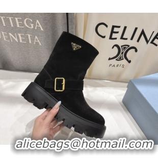 Grade Quality Prada Suede Platform Booties 5cm with Buckle Black 2025 1U187O 1027067